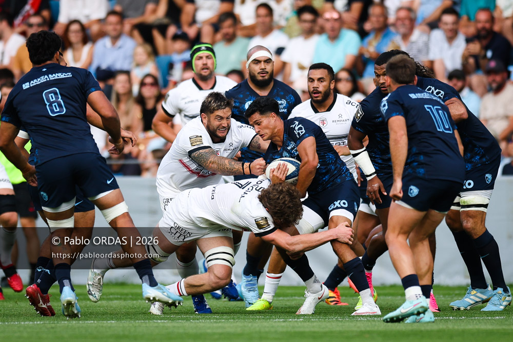 Tom Spring, lors du match amical entre l'Aviron bayonnais et le Stade toulousain, le 28 août 2026 au stade Jean Dauger de Bayonne, France (Photo Pablo ORDAS)