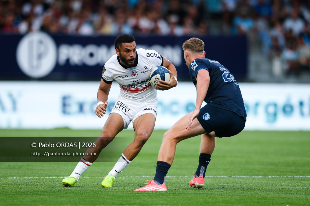 Matthis Lebel, lors du match amical entre l'Aviron bayonnais et le Stade toulousain, le 28 août 2026 au stade Jean Dauger de Bayonne, France (Photo Pablo ORDAS)