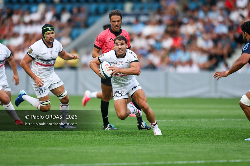 Antoine Dupont, lors du match amical entre l'Aviron bayonnais et le Stade toulousain, le 28 août 2026 au stade Jean Dauger de Bayonne, France (Photo Pablo ORDAS)