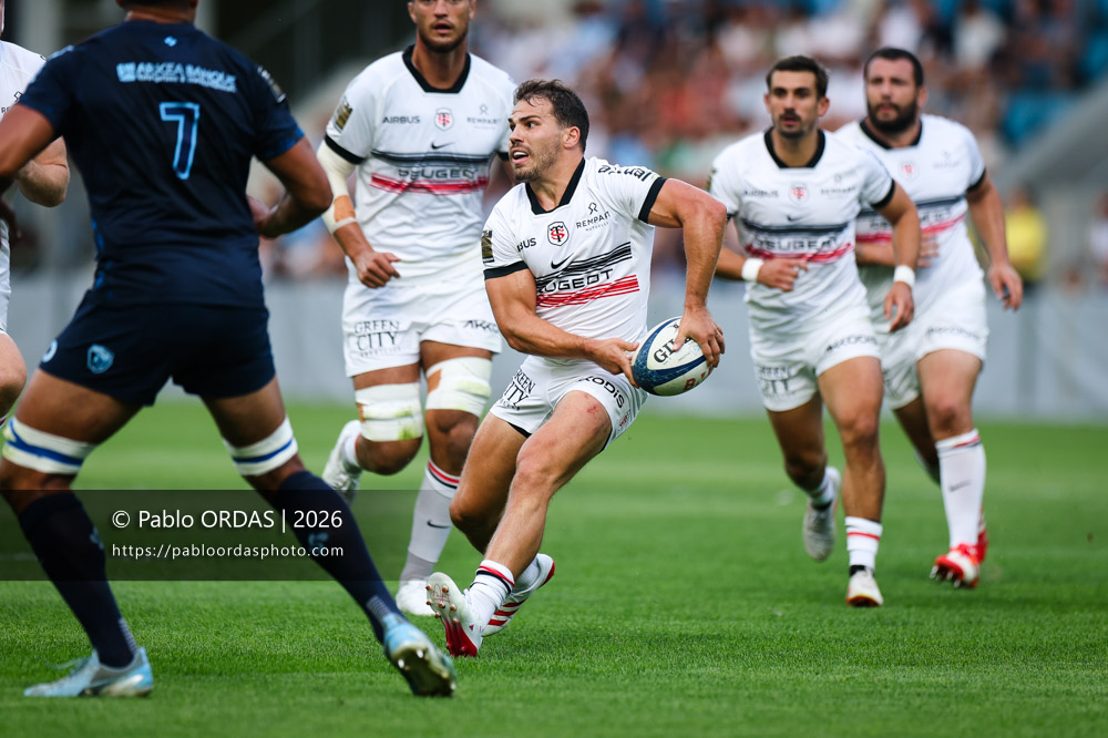 Antoine Dupont, lors du match amical entre l'Aviron bayonnais et le Stade toulousain, le 28 août 2026 au stade Jean Dauger de Bayonne, France (Photo Pablo ORDAS)