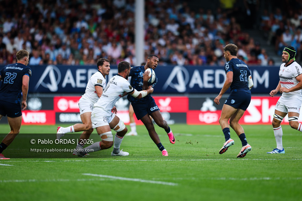 Cheikh Tiberghien, lors du match amical entre l'Aviron bayonnais et le Stade toulousain, le 28 août 2026 au stade Jean Dauger de Bayonne, France (Photo Pablo ORDAS)