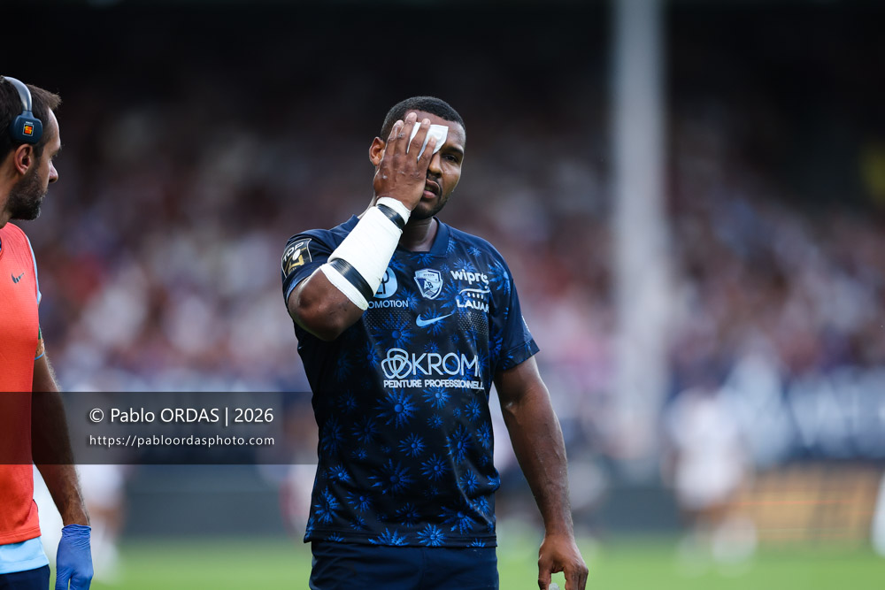 Cheikh Tiberghien, lors du match amical entre l'Aviron bayonnais et le Stade toulousain, le 28 août 2026 au stade Jean Dauger de Bayonne, France (Photo Pablo ORDAS)