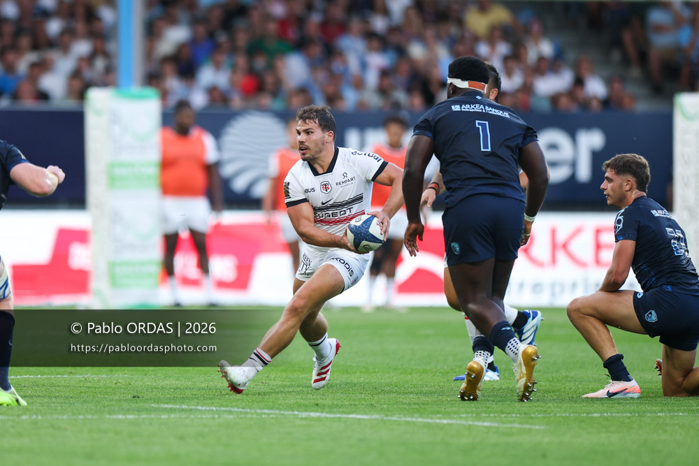 Antoine Dupont, lors du match amical entre l'Aviron bayonnais et le Stade toulousain, le 28 août 2026 au stade Jean Dauger de Bayonne, France (Photo Pablo ORDAS)
