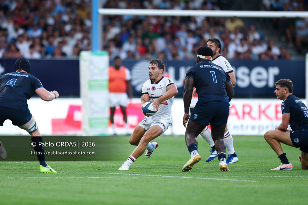 Antoine Dupont, lors du match amical entre l'Aviron bayonnais et le Stade toulousain, le 28 août 2026 au stade Jean Dauger de Bayonne, France (Photo Pablo ORDAS)