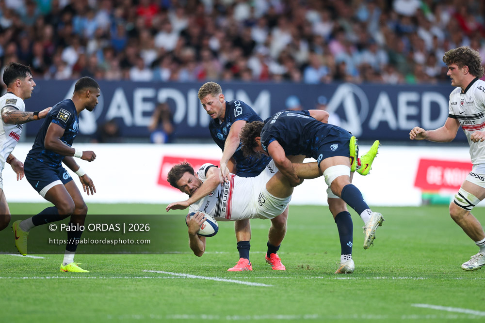 Alexandre Fischer, Pierre Louis Barassi, lors du match amical entre l'Aviron bayonnais et le Stade toulousain, le 28 août 2026 au stade Jean Dauger de Bayonne, France (Photo Pablo ORDAS)
