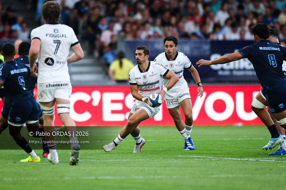 Thomas Ramos, lors du match amical entre l'Aviron bayonnais et le Stade toulousain, le 28 août 2026 au stade Jean Dauger de Bayonne, France (Photo Pablo ORDAS)