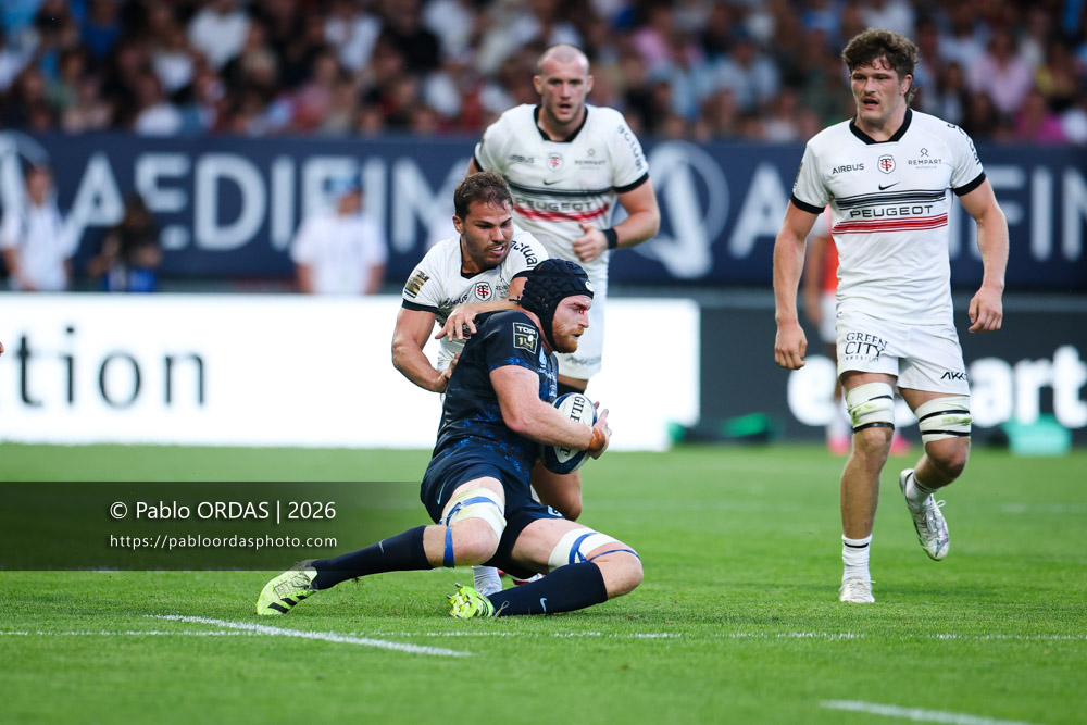 Killian Geraci, lors du match amical entre l'Aviron bayonnais et le Stade toulousain, le 28 août 2026 au stade Jean Dauger de Bayonne, France (Photo Pablo ORDAS)