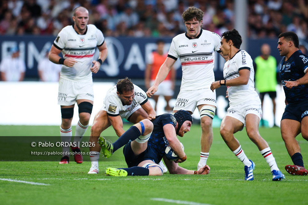 Killian Geraci, lors du match amical entre l'Aviron bayonnais et le Stade toulousain, le 28 août 2026 au stade Jean Dauger de Bayonne, France (Photo Pablo ORDAS)
