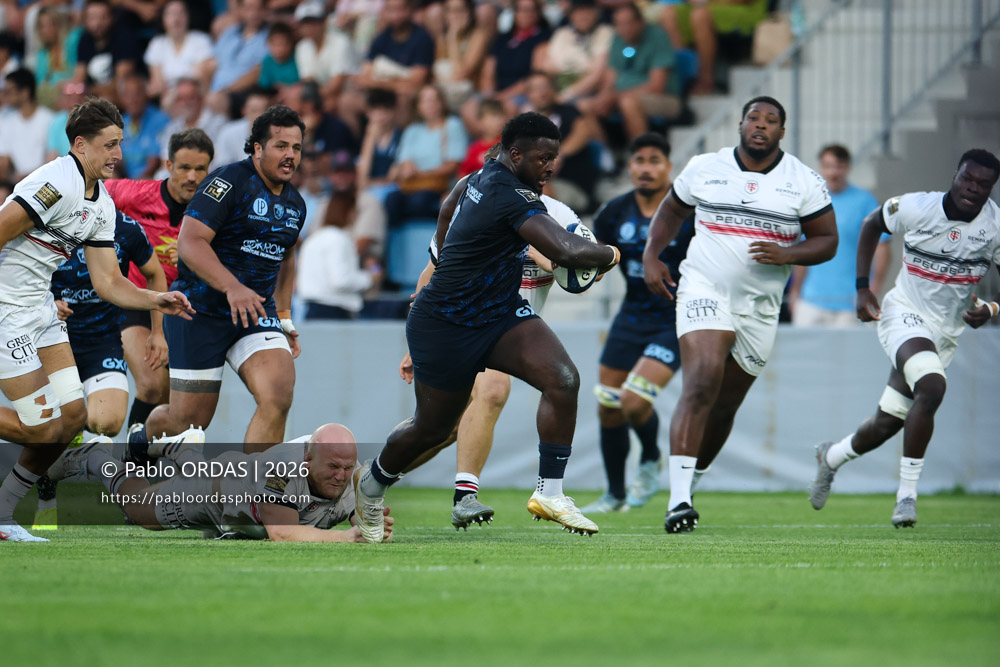 Andy Bordelai, lors du match amical entre l'Aviron bayonnais et le Stade toulousain, le 28 août 2026 au stade Jean Dauger de Bayonne, France (Photo Pablo ORDAS)