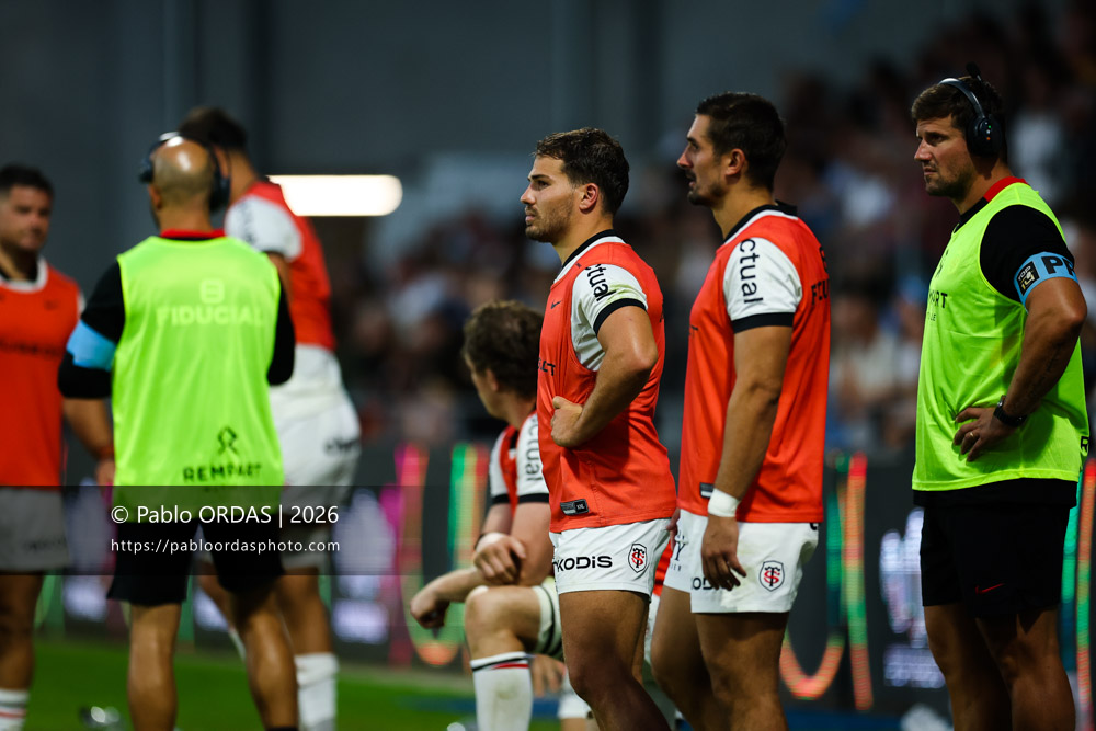 Antoine Dupont, lors du match amical entre l'Aviron bayonnais et le Stade toulousain, le 28 août 2026 au stade Jean Dauger de Bayonne, France (Photo Pablo ORDAS)