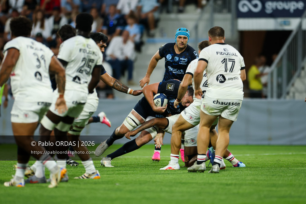Ewan Johnson, lors du match amical entre l'Aviron bayonnais et le Stade toulousain, le 28 août 2026 au stade Jean Dauger de Bayonne, France (Photo Pablo ORDAS)