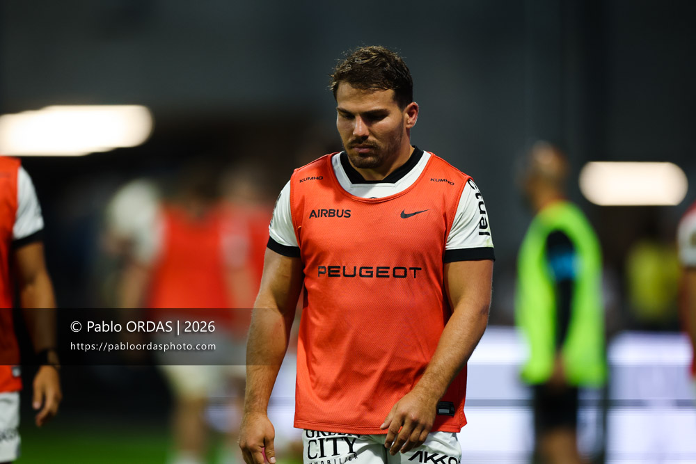 Antoine Dupont, lors du match amical entre l'Aviron bayonnais et le Stade toulousain, le 28 août 2026 au stade Jean Dauger de Bayonne, France (Photo Pablo ORDAS)