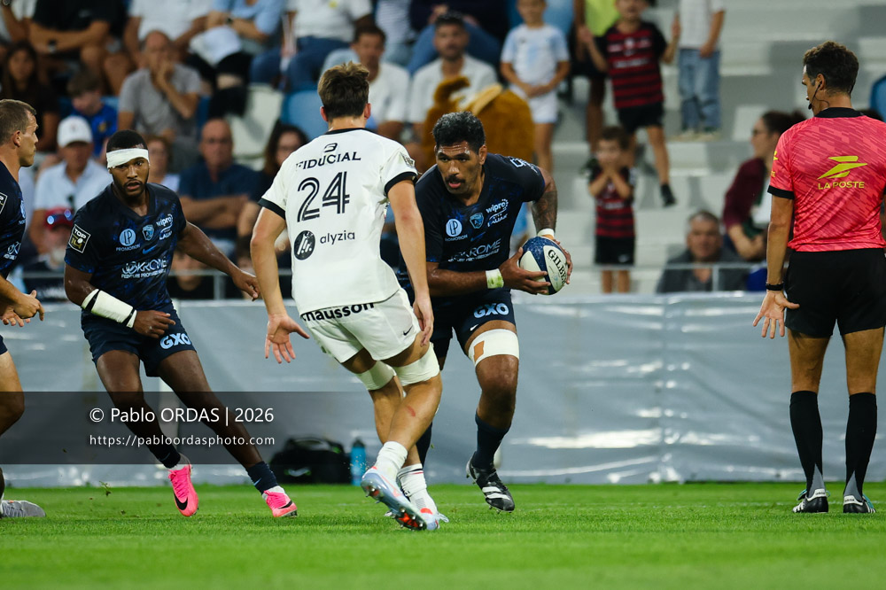 Brian Alainu'uese, lors du match amical entre l'Aviron bayonnais et le Stade toulousain, le 28 août 2026 au stade Jean Dauger de Bayonne, France (Photo Pablo ORDAS)