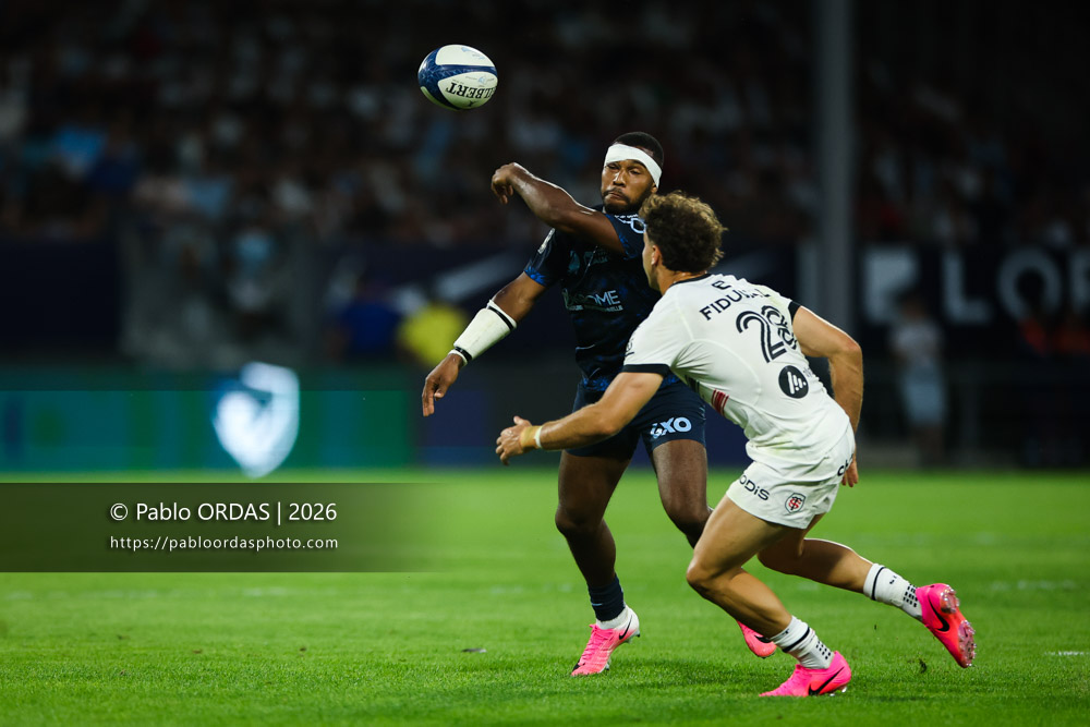 Cheikh Tiberghien, lors du match amical entre l'Aviron bayonnais et le Stade toulousain, le 28 août 2026 au stade Jean Dauger de Bayonne, France (Photo Pablo ORDAS)