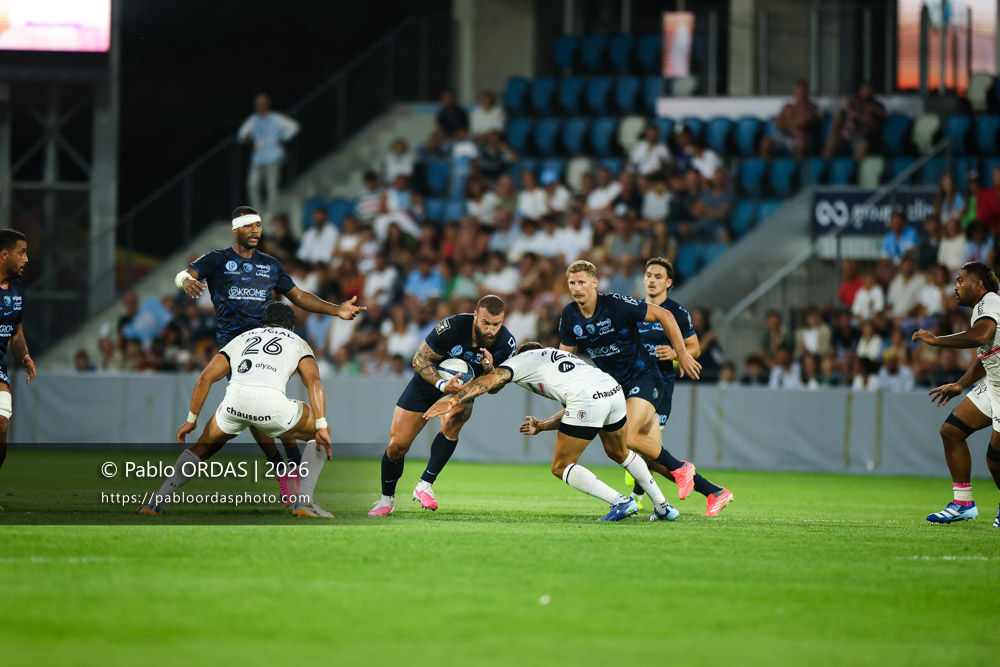 Federico Mori, lors du match amical entre l'Aviron bayonnais et le Stade toulousain, le 28 août 2026 au stade Jean Dauger de Bayonne, France (Photo Pablo ORDAS)