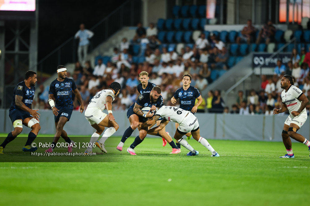 Federico Mori, lors du match amical entre l'Aviron bayonnais et le Stade toulousain, le 28 août 2026 au stade Jean Dauger de Bayonne, France (Photo Pablo ORDAS)