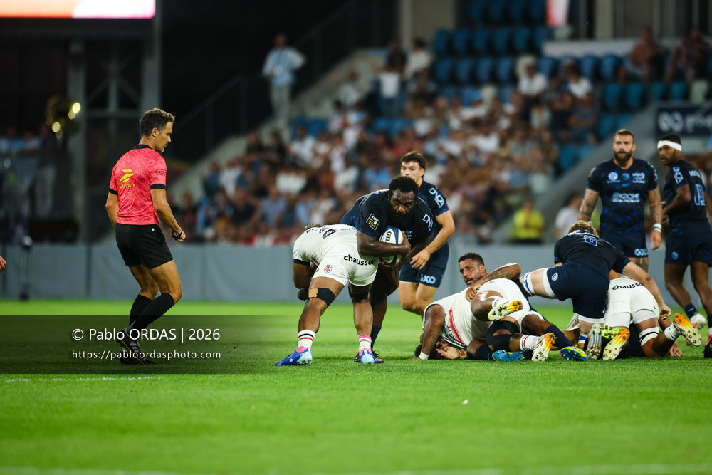 Luke Tagi, lors du match amical entre l'Aviron bayonnais et le Stade toulousain, le 28 août 2026 au stade Jean Dauger de Bayonne, France (Photo Pablo ORDAS)