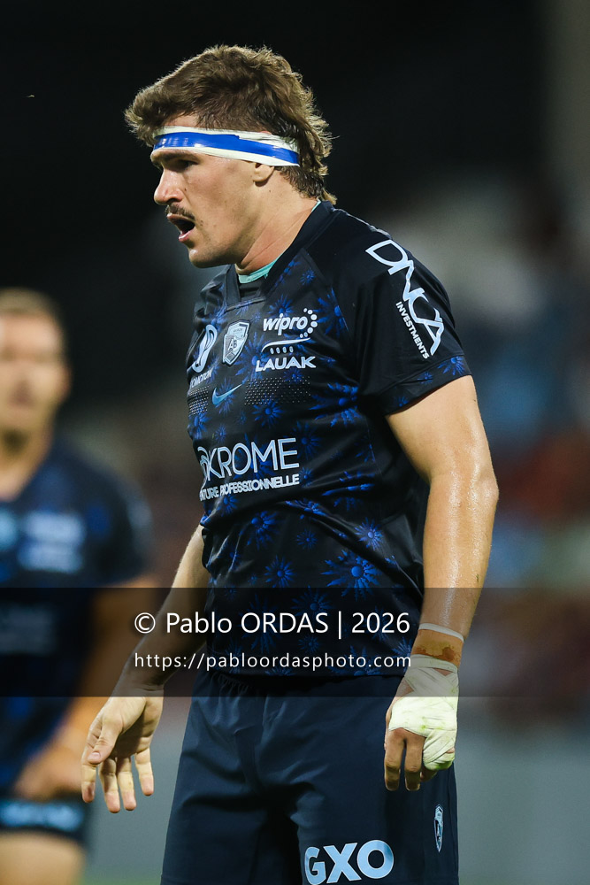 Baptiste Héguy, lors du match amical entre l'Aviron bayonnais et le Stade toulousain, le 28 août 2026 au stade Jean Dauger de Bayonne, France (Photo Pablo ORDAS)