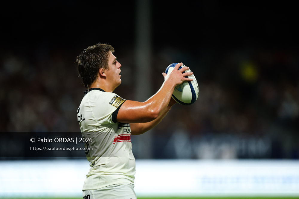 Thomas Lacombre, lors du match amical entre l'Aviron bayonnais et le Stade toulousain, le 28 août 2026 au stade Jean Dauger de Bayonne, France (Photo Pablo ORDAS)
