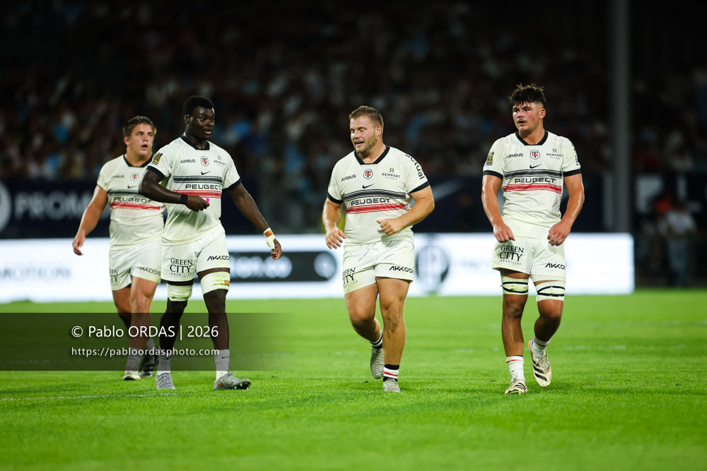 Marc Elie Kouassi, Guillaume Raynaud, lors du match amical entre l'Aviron bayonnais et le Stade toulousain, le 28 août 2026 au stade Jean Dauger de Bayonne, France (Photo Pablo ORDAS)