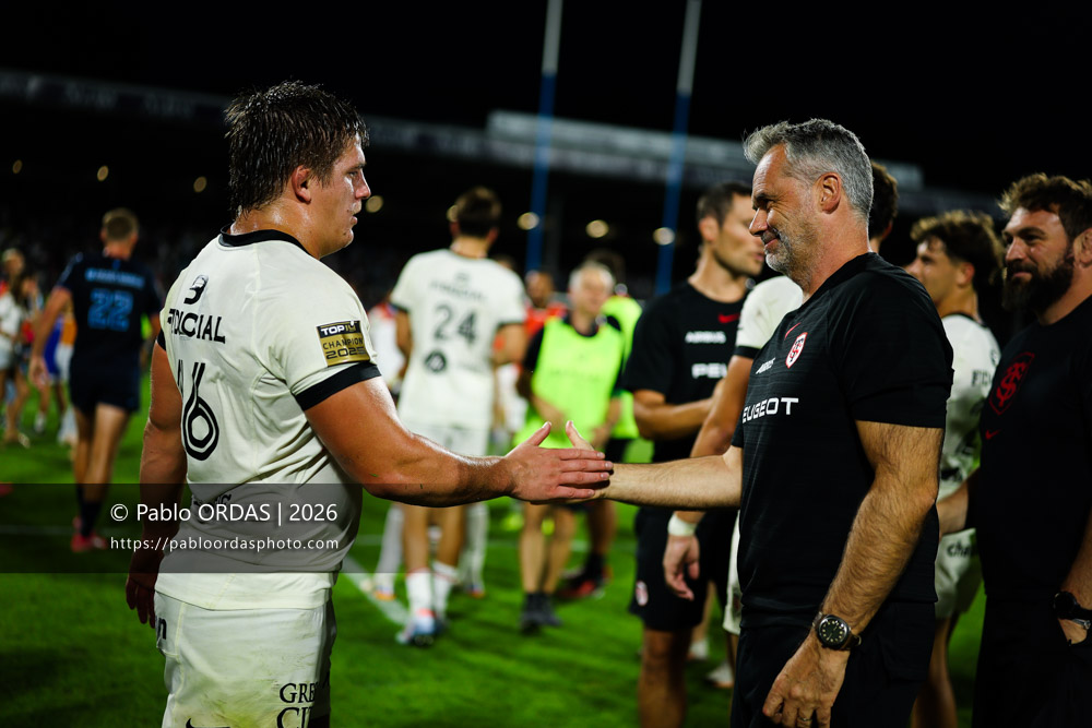 Ugo Mola, lors du match amical entre l'Aviron bayonnais et le Stade toulousain, le 28 août 2026 au stade Jean Dauger de Bayonne, France (Photo Pablo ORDAS)