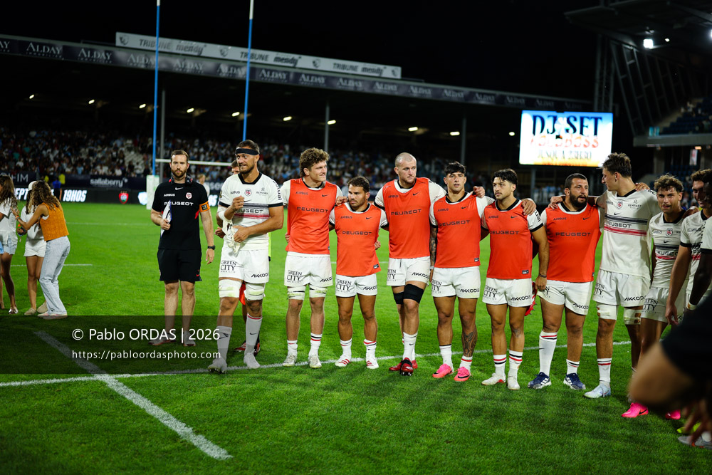 Alexandre Roumat, Romeo Martin Bonnard, Antoine Dupont, lors du match amical entre l'Aviron bayonnais et le Stade toulousain, le 28 août 2026 au stade Jean Dauger de Bayonne, France (Photo Pablo ORDAS)