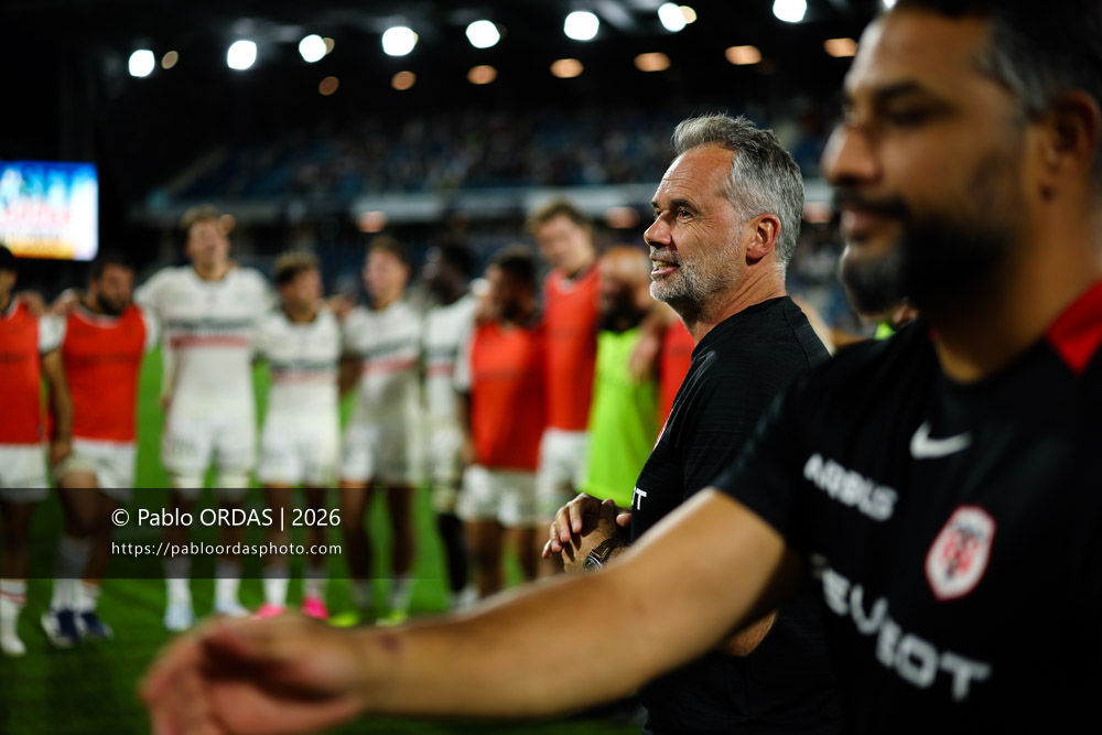 Ugo Mola, lors du match amical entre l'Aviron bayonnais et le Stade toulousain, le 28 août 2026 au stade Jean Dauger de Bayonne, France (Photo Pablo ORDAS)