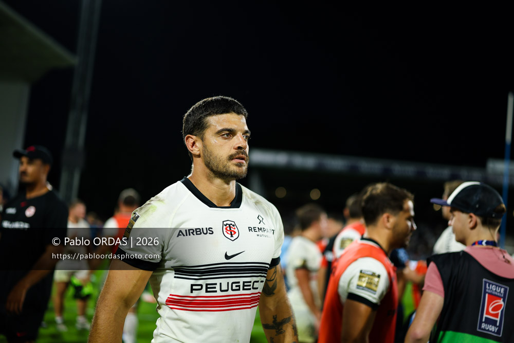 Romain Ntamack, lors du match amical entre l'Aviron bayonnais et le Stade toulousain, le 28 août 2026 au stade Jean Dauger de Bayonne, France (Photo Pablo ORDAS)