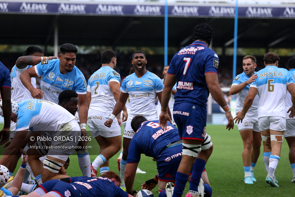 Léo Coly, lors du match de Top 14 entre l'Aviron bayonnais et le Stade français Paris, le 3 octobre 2026 au stade Jean Dauger de Bayonne, France (Photo Pablo ORDAS)