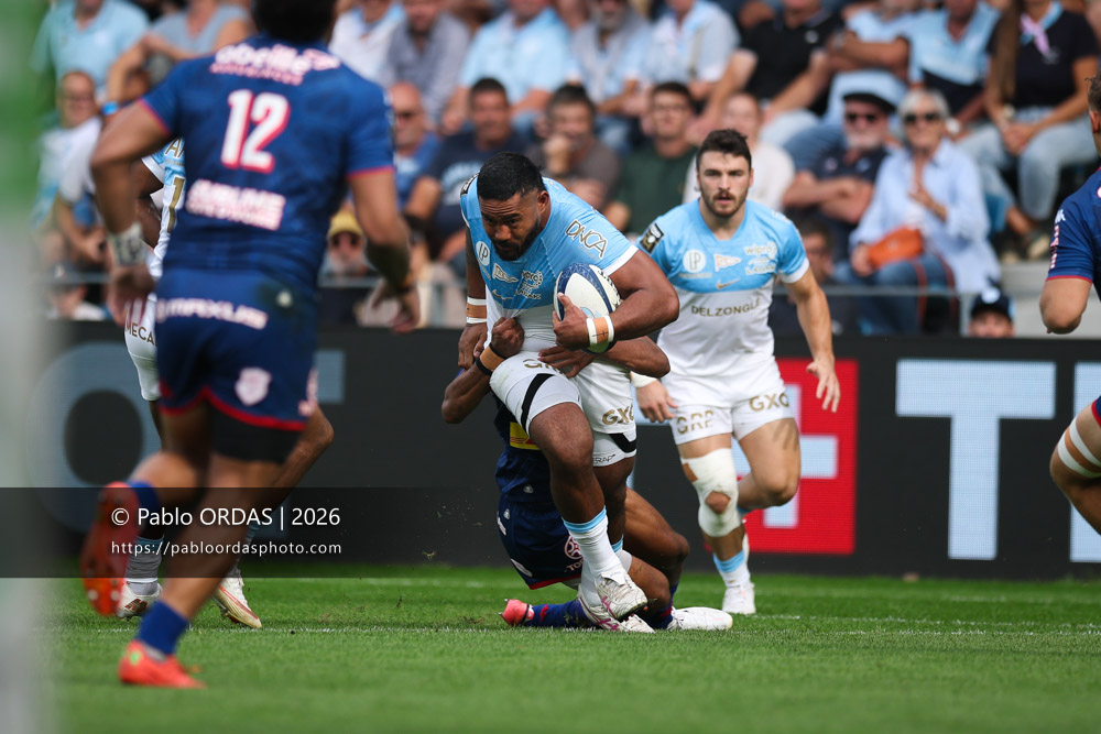 Manu Tuilagi, lors du match de Top 14 entre l'Aviron bayonnais et le Stade français Paris, le 3 octobre 2026 au stade Jean Dauger de Bayonne, France (Photo Pablo ORDAS)