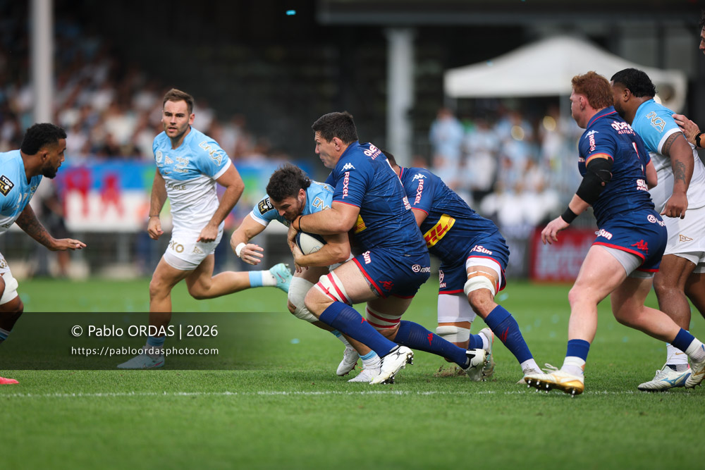Mateo Carreras, lors du match de Top 14 entre l'Aviron bayonnais et le Stade français Paris, le 3 octobre 2026 au stade Jean Dauger de Bayonne, France (Photo Pablo ORDAS)