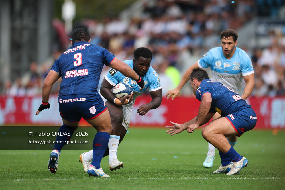 Andy Bordelai, lors du match de Top 14 entre l'Aviron bayonnais et le Stade français Paris, le 3 octobre 2026 au stade Jean Dauger de Bayonne, France (Photo Pablo ORDAS)