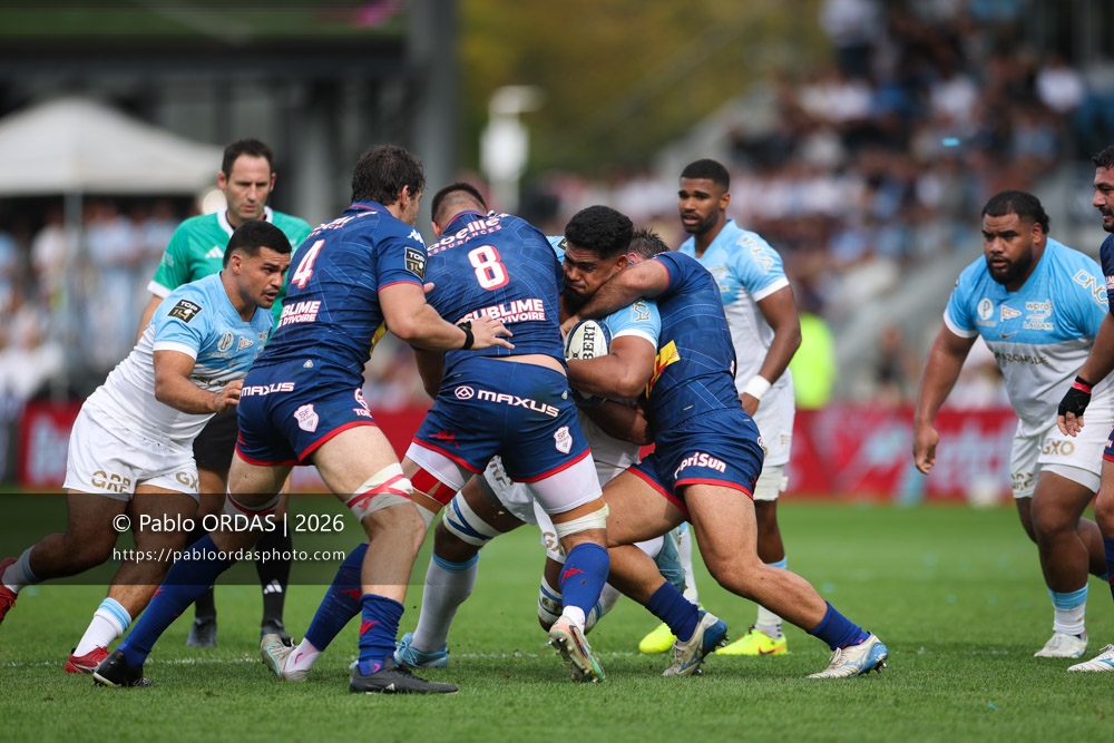 Matthieu Uhila, lors du match de Top 14 entre l'Aviron bayonnais et le Stade français Paris, le 3 octobre 2026 au stade Jean Dauger de Bayonne, France (Photo Pablo ORDAS)