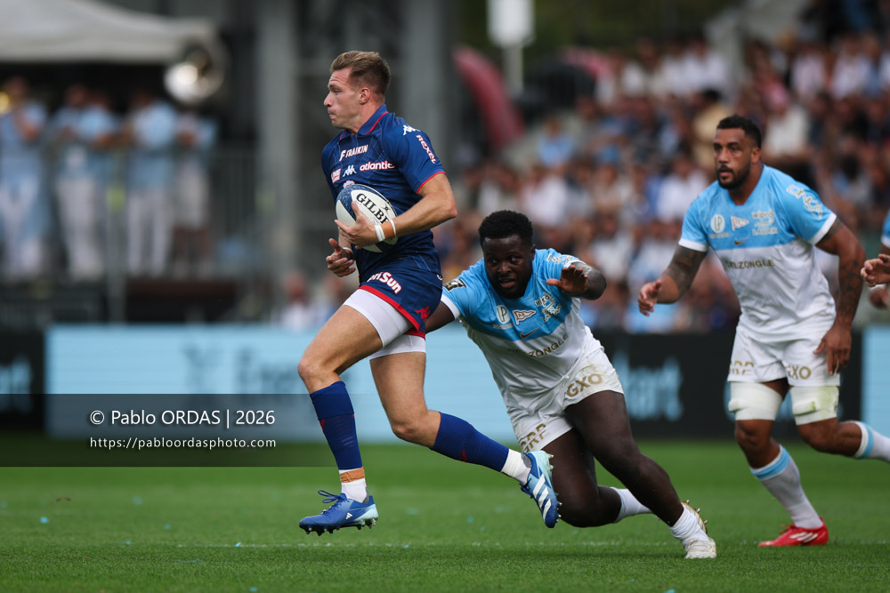 Léo Barré, lors du match de Top 14 entre l'Aviron bayonnais et le Stade français Paris, le 3 octobre 2026 au stade Jean Dauger de Bayonne, France (Photo Pablo ORDAS)