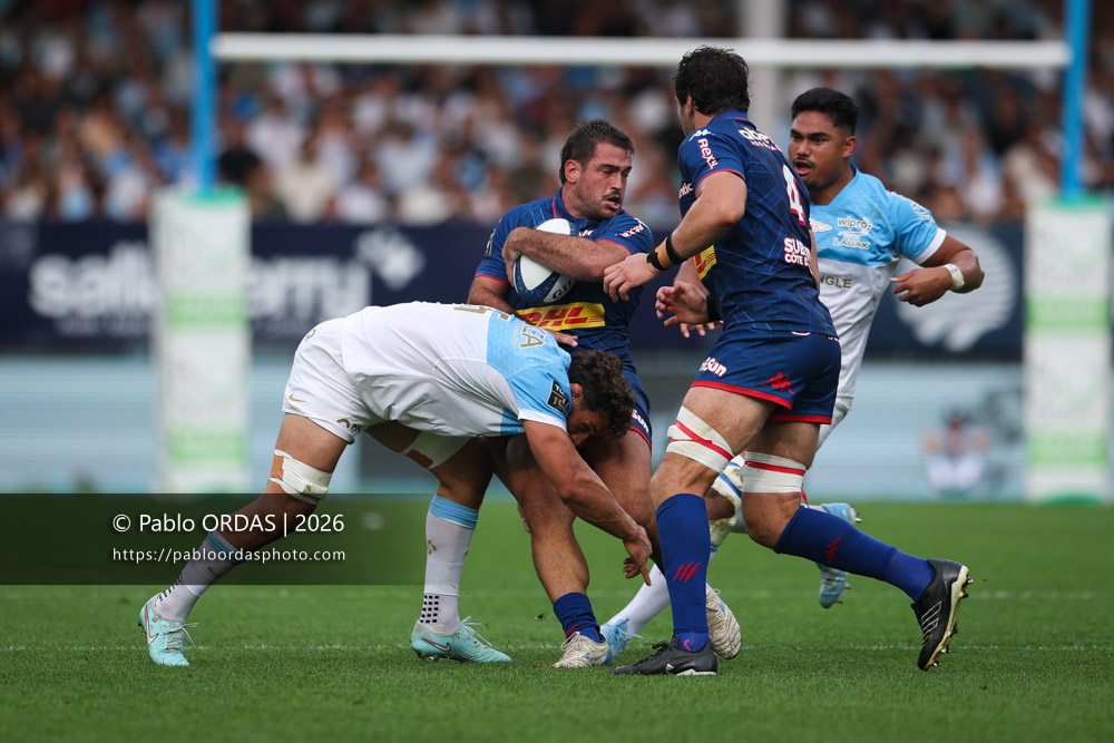 Lucas Peyresblanques, lors du match de Top 14 entre l'Aviron bayonnais et le Stade français Paris, le 3 octobre 2026 au stade Jean Dauger de Bayonne, France (Photo Pablo ORDAS)