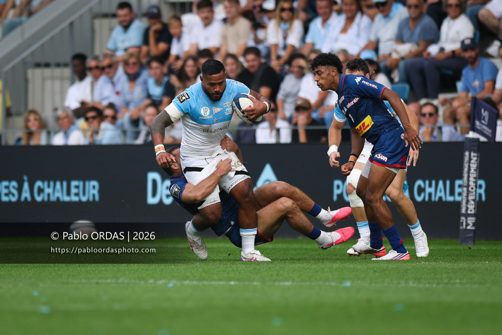 Manu Tuilagi, lors du match de Top 14 entre l'Aviron bayonnais et le Stade français Paris, le 3 octobre 2026 au stade Jean Dauger de Bayonne, France (Photo Pablo ORDAS)