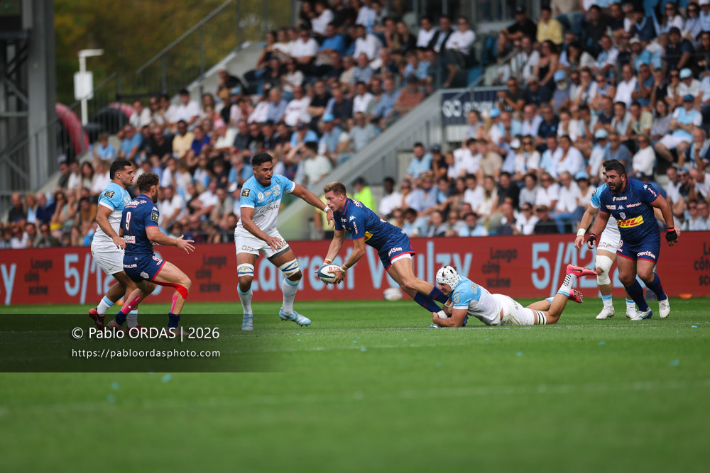 Léo Barré, lors du match de Top 14 entre l'Aviron bayonnais et le Stade français Paris, le 3 octobre 2026 au stade Jean Dauger de Bayonne, France (Photo Pablo ORDAS)