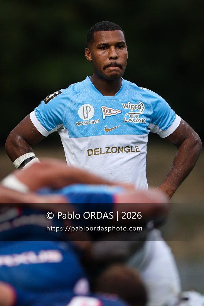 Cheikh Tiberghien, lors du match de Top 14 entre l'Aviron bayonnais et le Stade français Paris, le 3 octobre 2026 au stade Jean Dauger de Bayonne, France (Photo Pablo ORDAS)