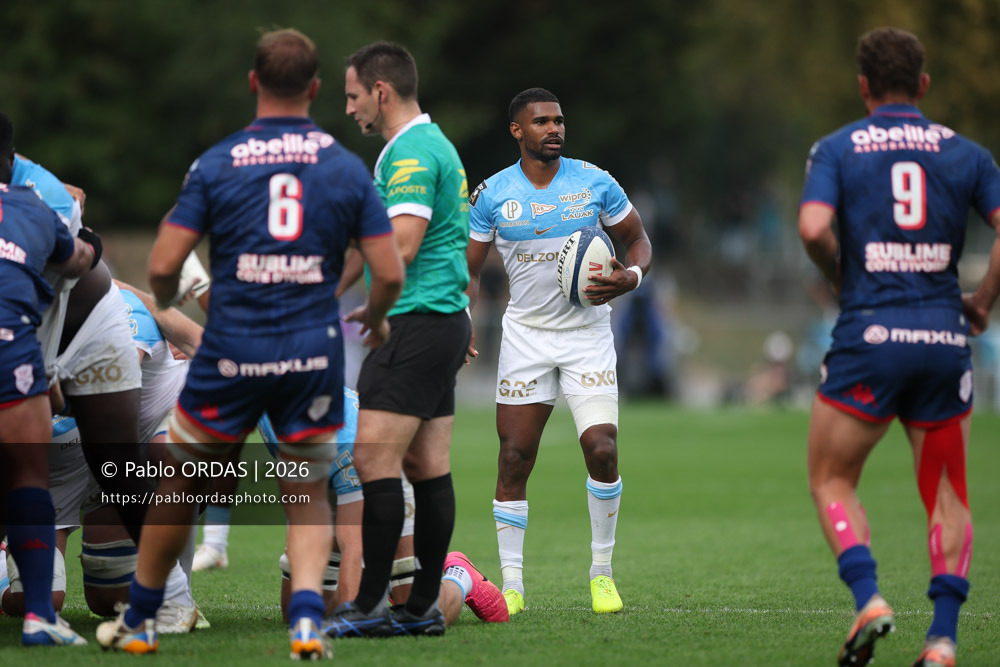 Léo Coly, lors du match de Top 14 entre l'Aviron bayonnais et le Stade français Paris, le 3 octobre 2026 au stade Jean Dauger de Bayonne, France (Photo Pablo ORDAS)