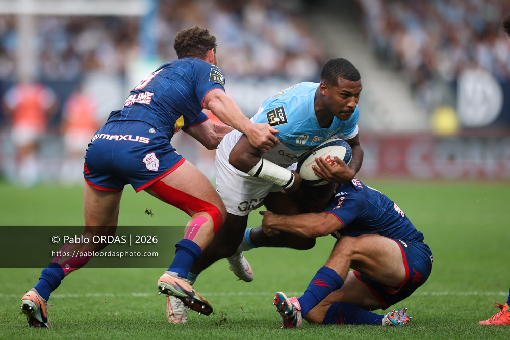 Cheikh Tiberghien, lors du match de Top 14 entre l'Aviron bayonnais et le Stade français Paris, le 3 octobre 2026 au stade Jean Dauger de Bayonne, France (Photo Pablo ORDAS)