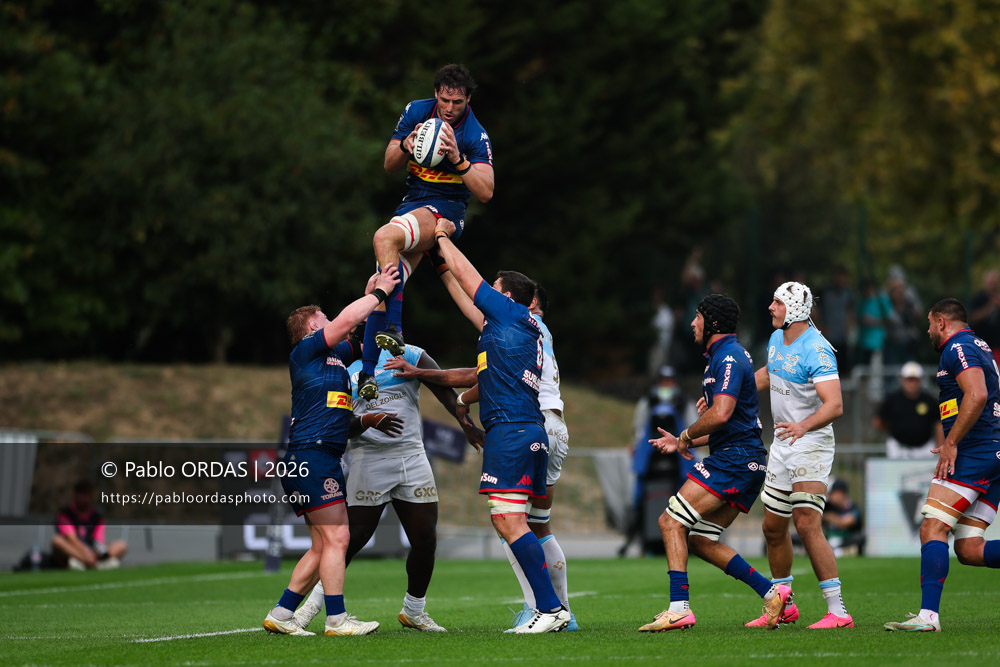 Paul Gabrillagues, lors du match de Top 14 entre l'Aviron bayonnais et le Stade français Paris, le 3 octobre 2026 au stade Jean Dauger de Bayonne, France (Photo Pablo ORDAS)