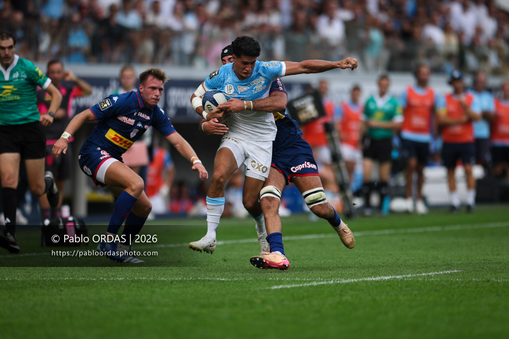 Tom Spring, lors du match de Top 14 entre l'Aviron bayonnais et le Stade français Paris, le 3 octobre 2026 au stade Jean Dauger de Bayonne, France (Photo Pablo ORDAS)