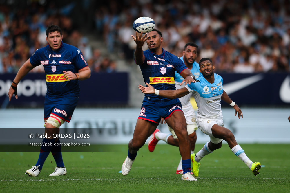 Noah Néné, lors du match de Top 14 entre l'Aviron bayonnais et le Stade français Paris, le 3 octobre 2026 au stade Jean Dauger de Bayonne, France (Photo Pablo ORDAS)