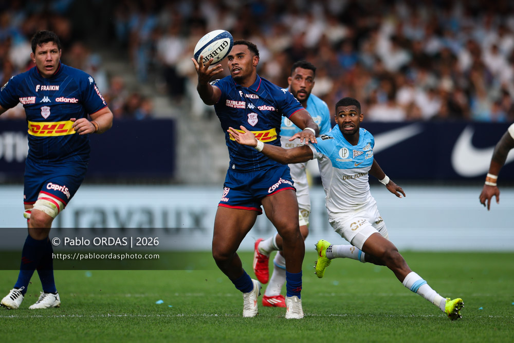 Noah Néné, lors du match de Top 14 entre l'Aviron bayonnais et le Stade français Paris, le 3 octobre 2026 au stade Jean Dauger de Bayonne, France (Photo Pablo ORDAS)