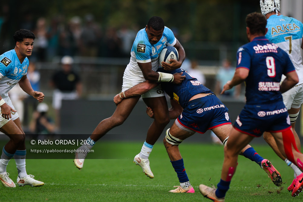 Cheikh Tiberghien, lors du match de Top 14 entre l'Aviron bayonnais et le Stade français Paris, le 3 octobre 2026 au stade Jean Dauger de Bayonne, France (Photo Pablo ORDAS)
