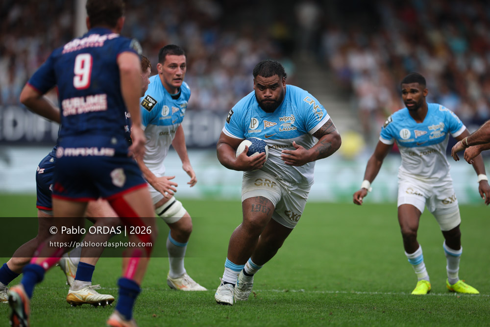 Tevita Tatafu, lors du match de Top 14 entre l'Aviron bayonnais et le Stade français Paris, le 3 octobre 2026 au stade Jean Dauger de Bayonne, France (Photo Pablo ORDAS)