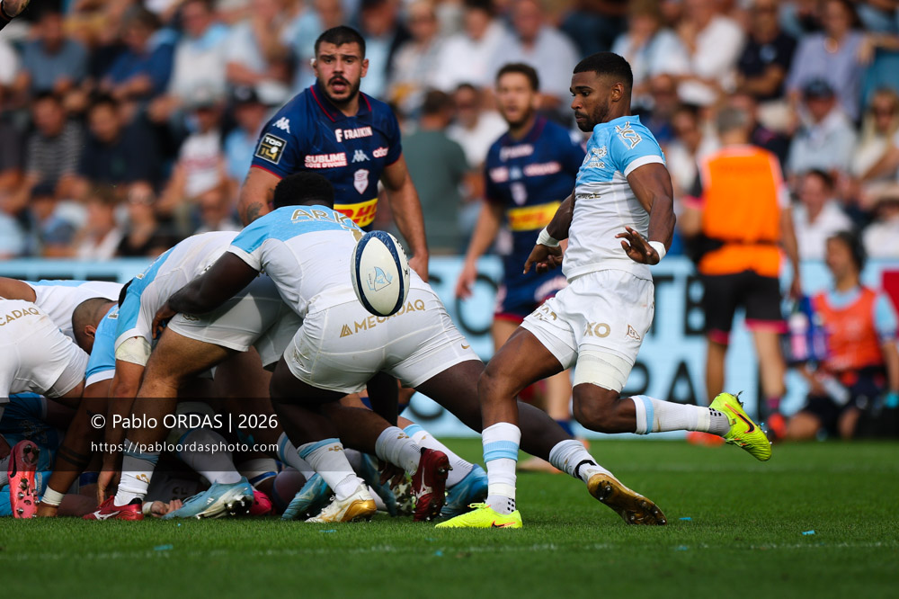 Léo Coly, lors du match de Top 14 entre l'Aviron bayonnais et le Stade français Paris, le 3 octobre 2026 au stade Jean Dauger de Bayonne, France (Photo Pablo ORDAS)