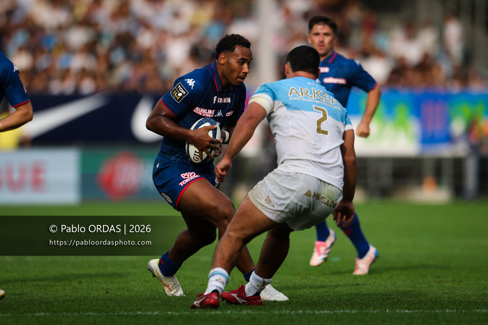 Noah Néné, lors du match de Top 14 entre l'Aviron bayonnais et le Stade français Paris, le 3 octobre 2026 au stade Jean Dauger de Bayonne, France (Photo Pablo ORDAS)