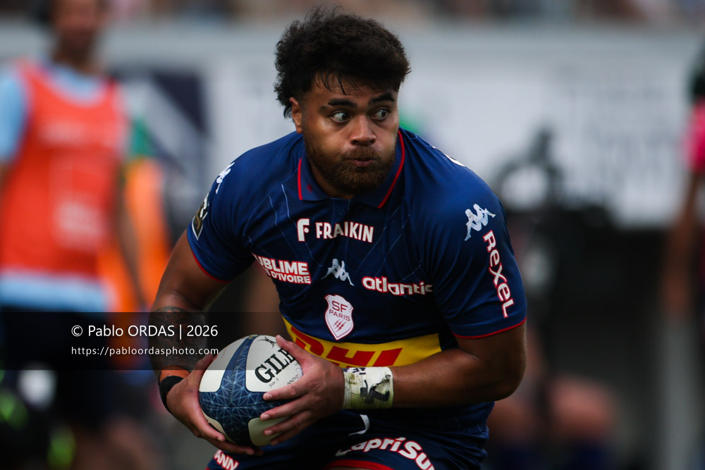 Tani Vili, lors du match de Top 14 entre l'Aviron bayonnais et le Stade français Paris, le 3 octobre 2026 au stade Jean Dauger de Bayonne, France (Photo Pablo ORDAS)