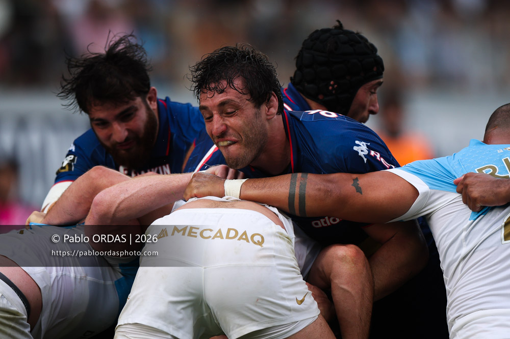 Paul Gabrillagues, lors du match de Top 14 entre l'Aviron bayonnais et le Stade français Paris, le 3 octobre 2026 au stade Jean Dauger de Bayonne, France (Photo Pablo ORDAS)